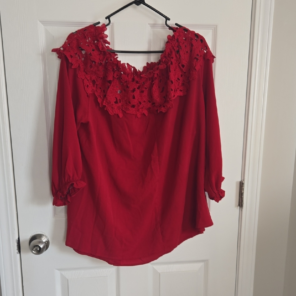 SHEIN Red Crochet Yoke Blouse